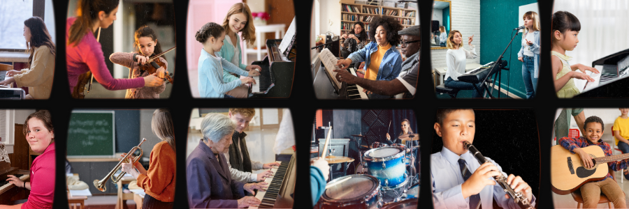 music teachers and students playing a variety of instruments